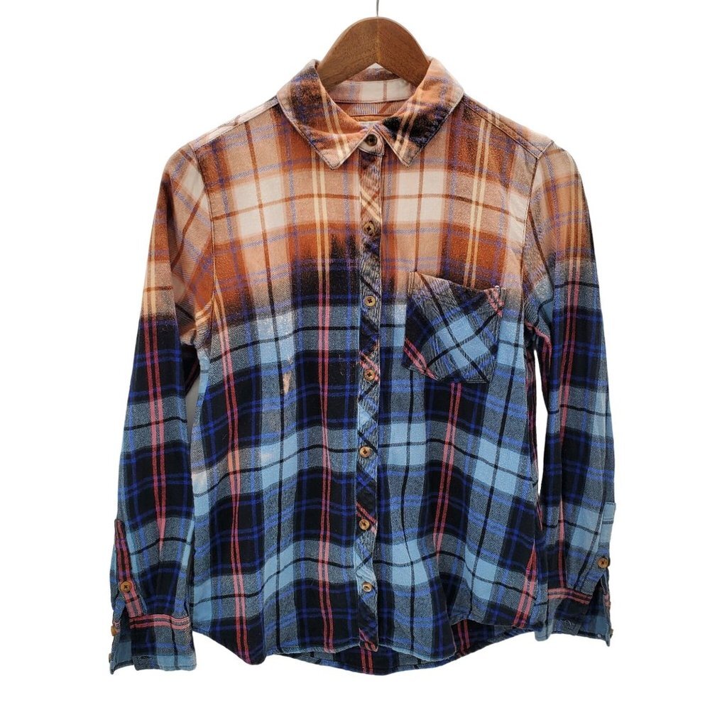 Forever 21 Plaid Button Up Bleached Upcycled Flannel Shirt Size S Long Sleeve‎